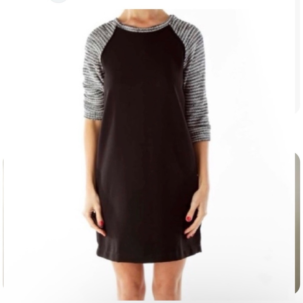 LOFT Black Dress with Striped Sleeves